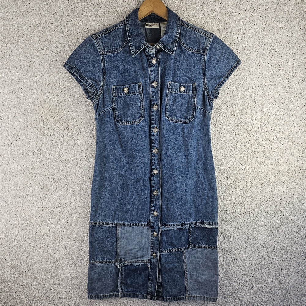 Vintage 90s Y2K Faded Glory Patchwork Flower Button Denim Skirt Boho Fringe Sz 3